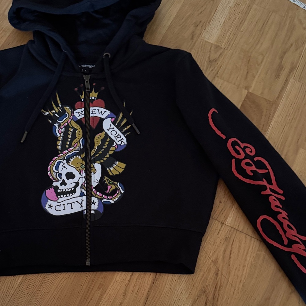 Ed Hardy crop Black Zip Hoodie with Multi-Color Tattoo Graphic